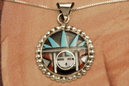 Zuni Indian Genuine Gemstones Sterling Silver Sunface Pendant